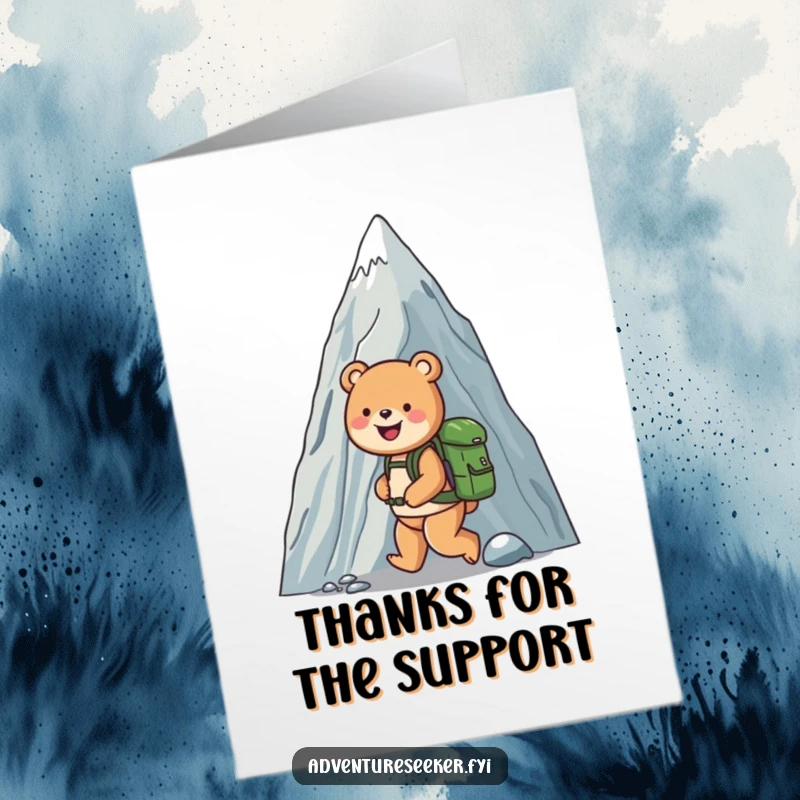 Funny Free Printable Bear Thank You Card: A happy bear with a backpack climbing a large mountain, expressing thanks.