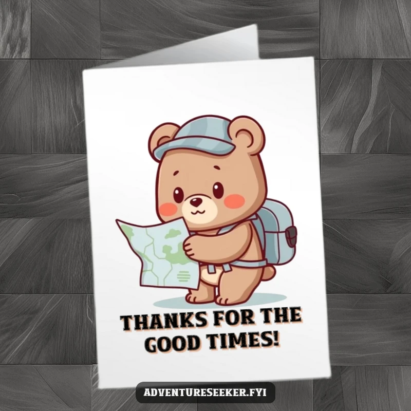 Funny Free Printable Bear Thank You Card: A cute bear with a backpack excitedly looks at a map, saying thanks.
