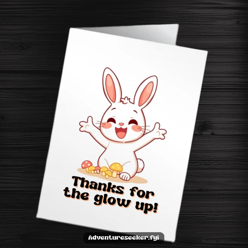 Funny Free Printable Thank You Card: Happy bunny with arms wide, marveling at glowing mushrooms.