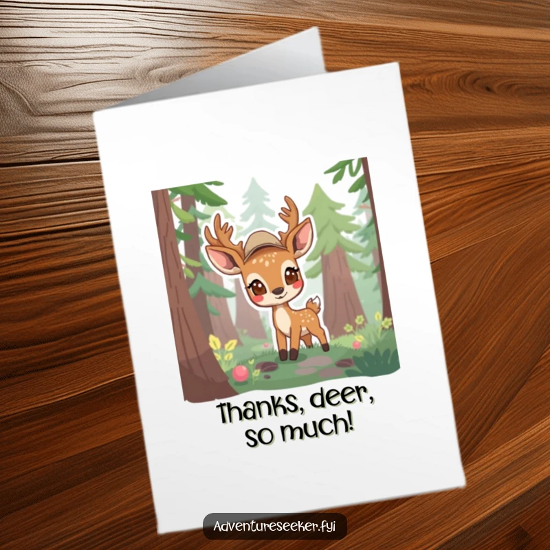 Funny free printable thank you card with a shy deer scout cautiously emerging from woods, expressing thanks, a perfect DIY gift.