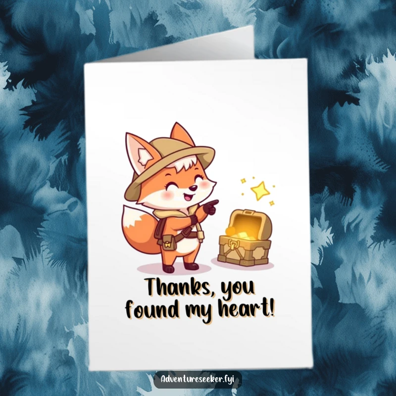 Funny Free Printable Fox Thank You Card: A happy fox explorer excitedly points towards a sparkling treasure chest, saying thanks.