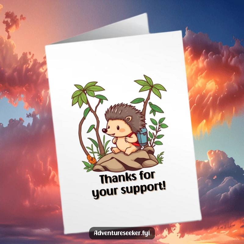 Funny Free Printable Thank You Card: Brave hedgehog with backpack navigating a jungle, expressing thanks for courage.