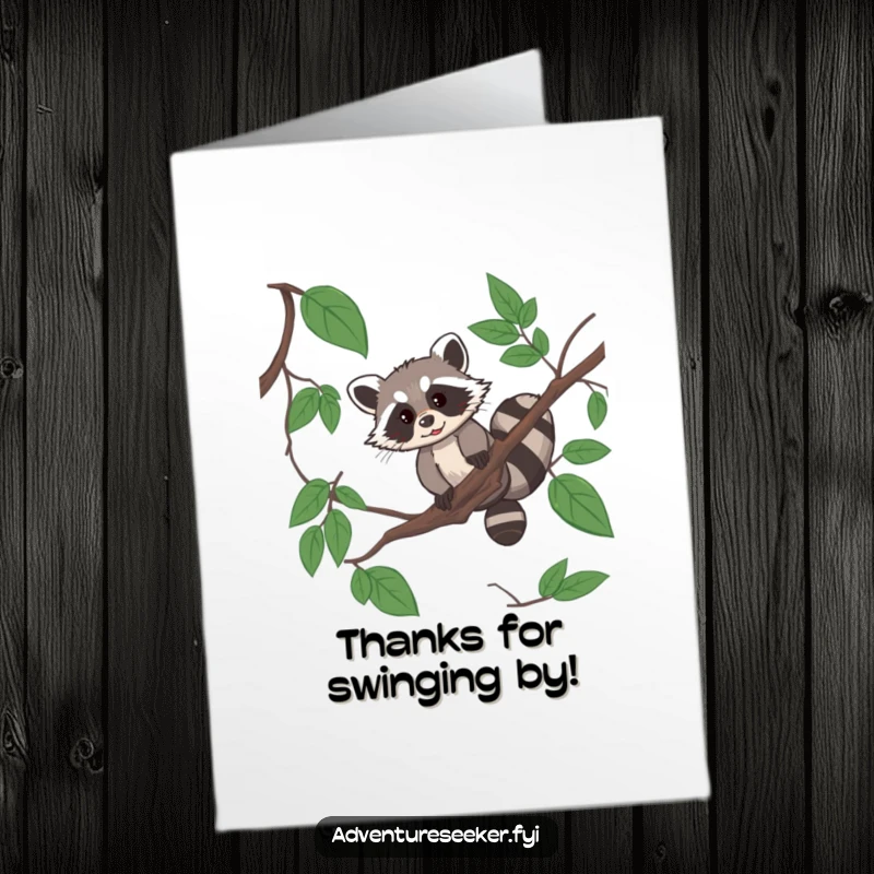 Funny Free Printable Thank You Card: a resourceful raccoon expertly navigates a jungle vine, expressing thanks for clever assistance.