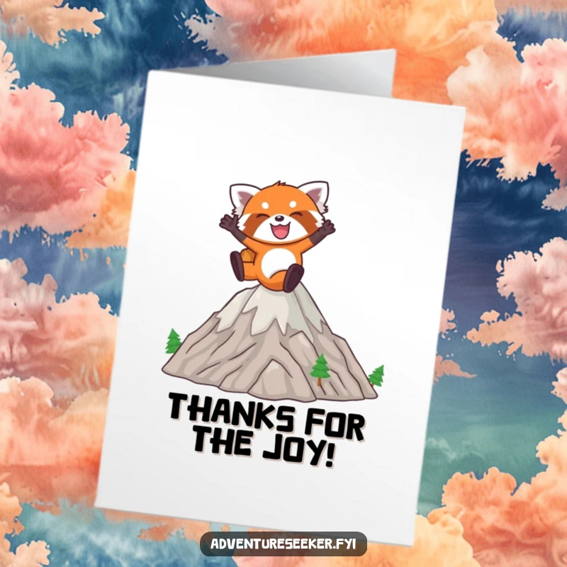 Funny Free Printable Thank You Card: Joyful red panda leaping over miniature mountains, conveying thanks.