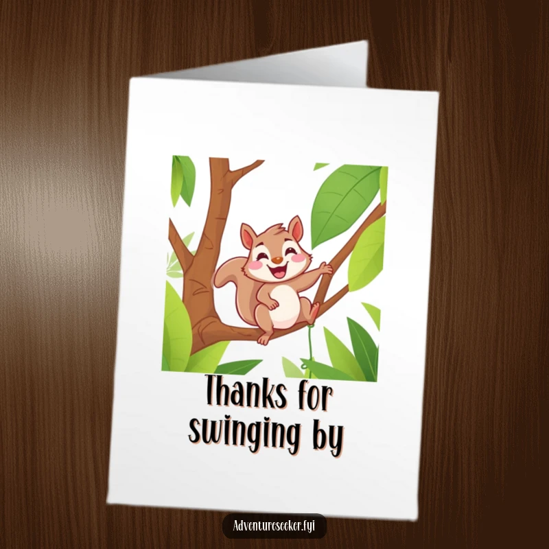 Funny Free Printable Squirrel Thank You Card: A delighted squirrel grinning on a jungle vine, sending thanks.