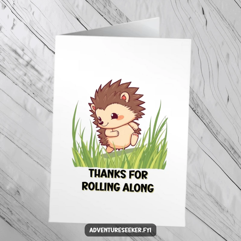 Funny Free Printable Thank You Card: A brave hedgehog rolling through grass with determination, expressing sincere gratitude.