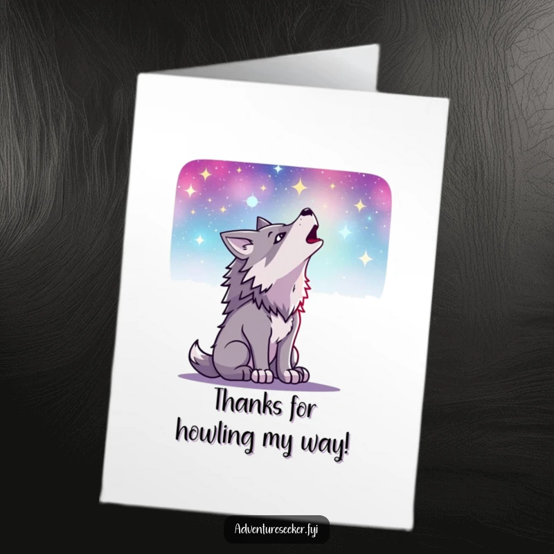 Funny Free Printable Wolf Thank You Card: Wolf howling at stars, sending thanks, a unique downloadable message.