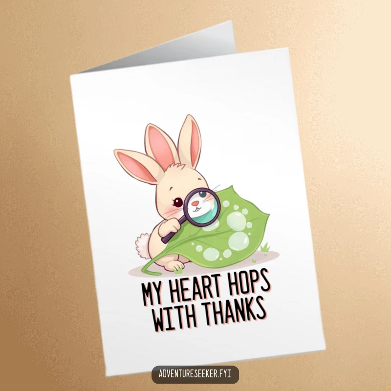 Funny Free Printable Thank You Card: Rabbit with magnifying glass examines a leaf, showing appreciation for detail.