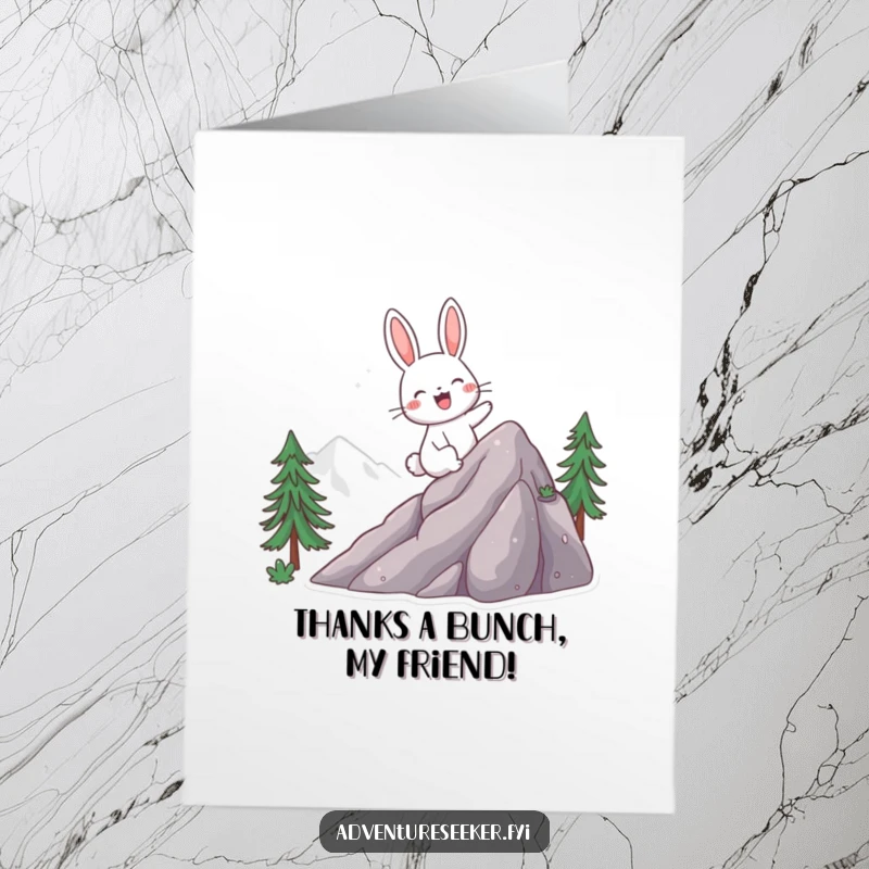 Funny free printable thank you card featuring a giggling rabbit excitedly climbing a mountain, expressing thanks.