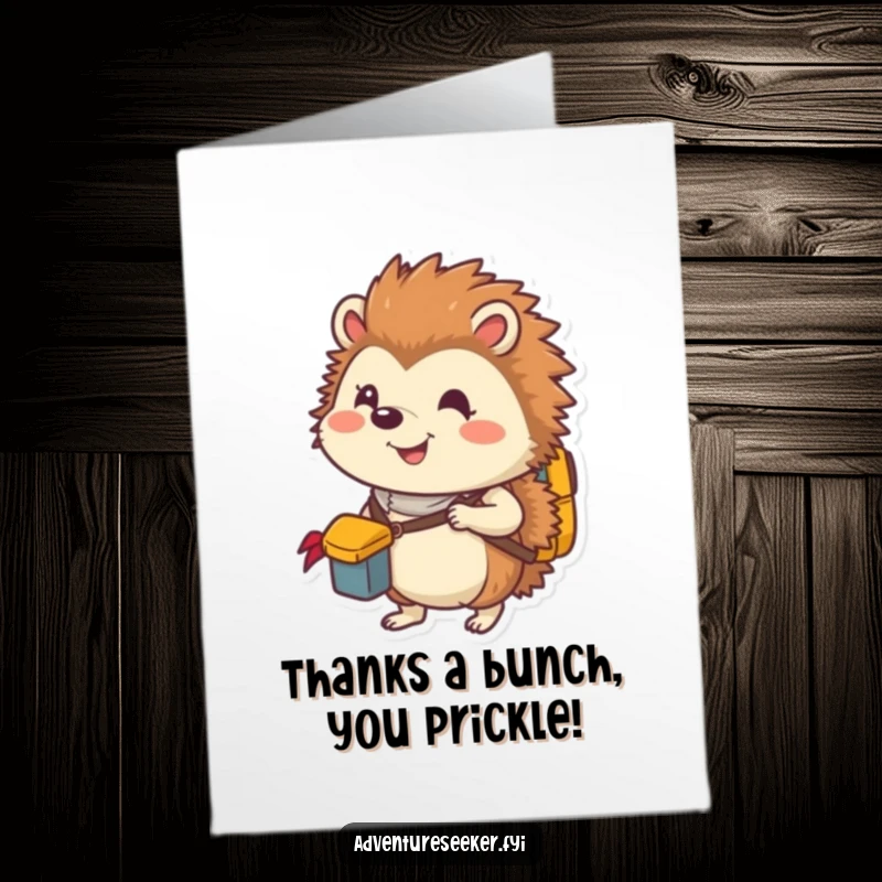 Funny free printable thank you card with a smiling hedgehog explorer packing a backpack, expressing thanks, a perfect DIY gift.