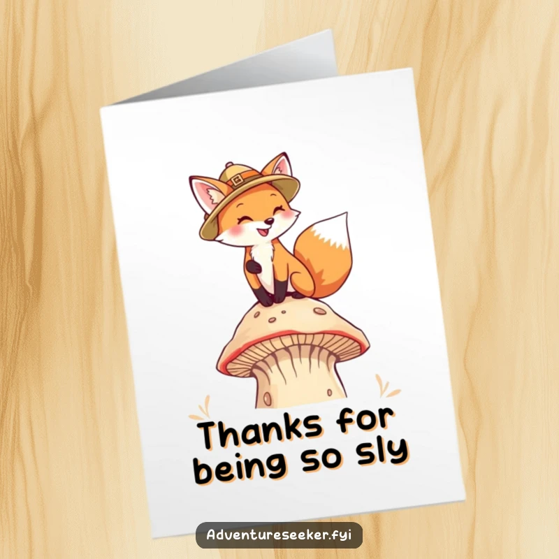 Funny Free Printable Thank You Card: Fox in pith helmet climbing a mushroom, adventurous thanks, exploration.