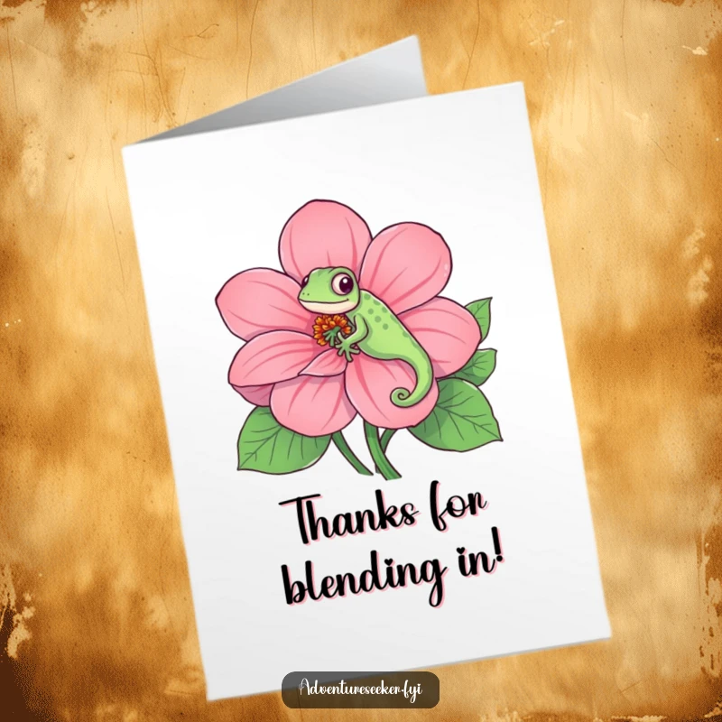 Funny Free Printable Chameleon Thank You Card: Chameleon on a large colourful flower, expressing thanks with a fun disguise.