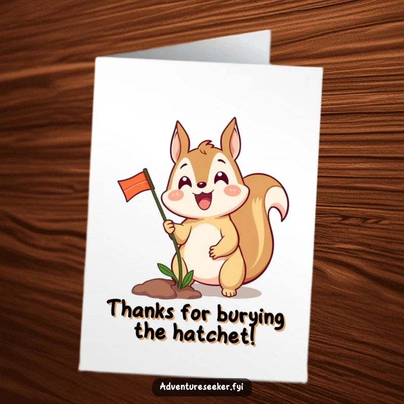 Funny free printable thank you card featuring an excited squirrel planting a tiny flag to express gratitude.