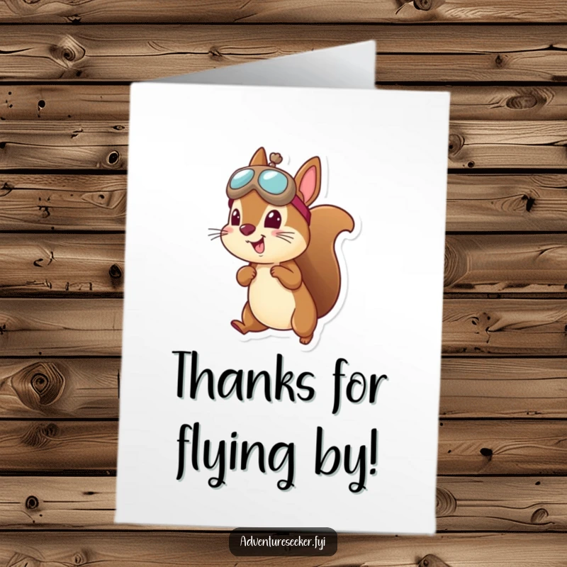 Funny Free Printable Thank You Card with a cheerful squirrel pilot in an aviator hat, taking flight to express thanks.