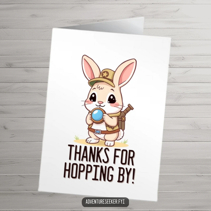 Funny Free Printable Thank You Card: Curious rabbit scout with mini compass looking eagerly ahead, expressing eager thanks.