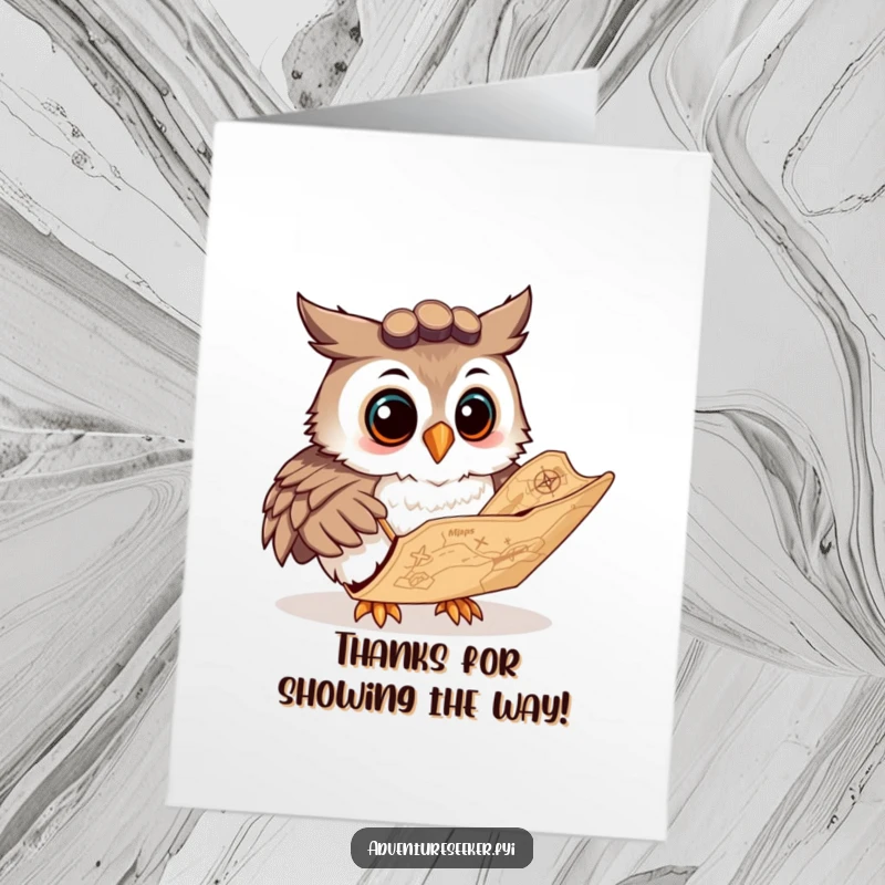 Funny Free Printable Owl Thank You Card: A curious owl navigator smiles studying a map, expressing thanks for guidance.
