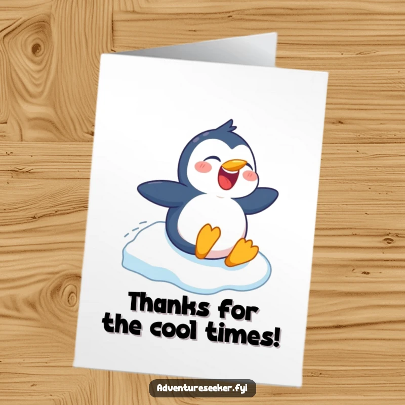 Funny Free Printable Penguin Thank You Card: Penguin sliding happily, expressing gratitude, a cool DIY thank you.