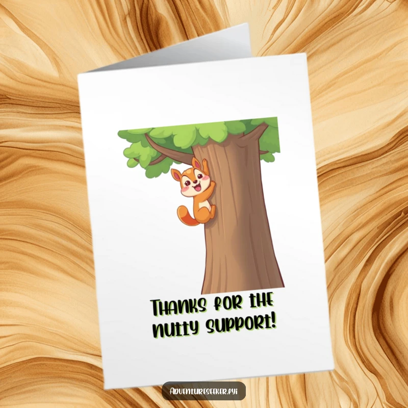 Funny Free Printable Squirrel Thank You Card: A happy squirrel triumphantly climbs a tree, expressing thanks.