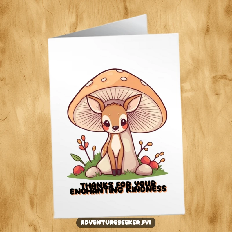 Funny Free Printable Thank You Card: Shy deer with big eyes peeking around a friendly mushroom, expressing quiet gratitude.