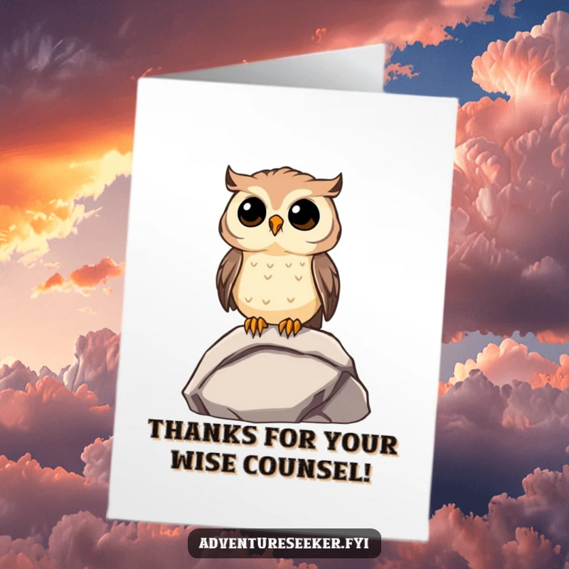 Funny Free Printable Owl Thank You Card: A curious owl on a rock gazes into the distance, showing thankfulness.