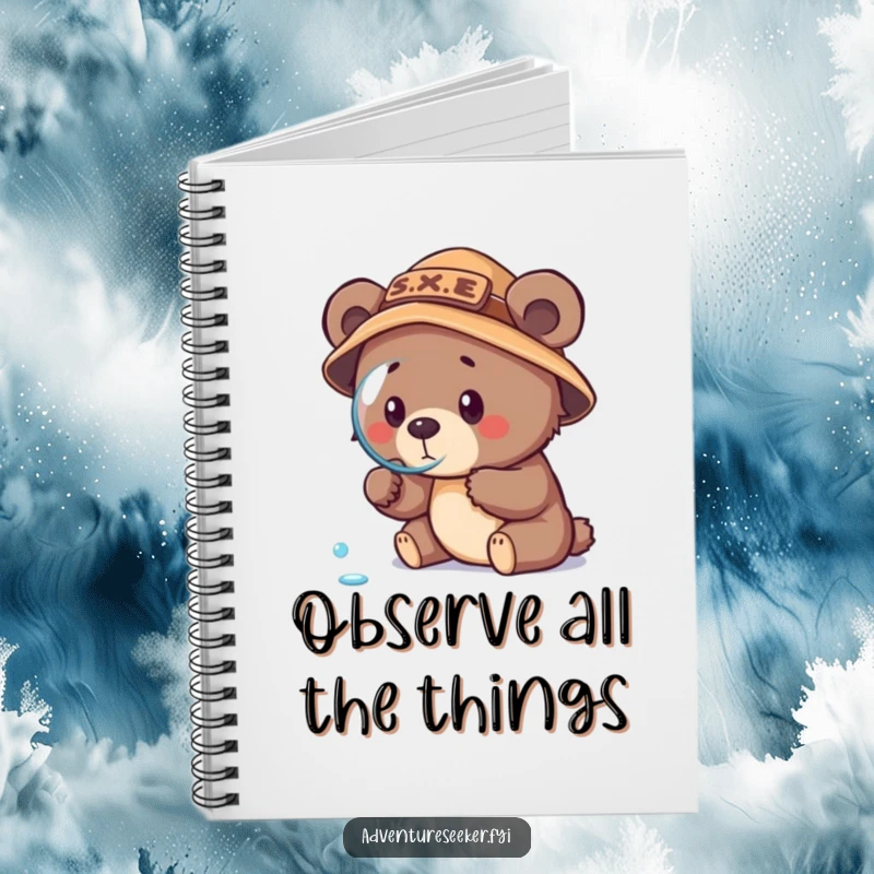 Funny bear cub explorer notebook cover, showing a focused cub with an explorer hat and magnifying glass examining a dewdrop.