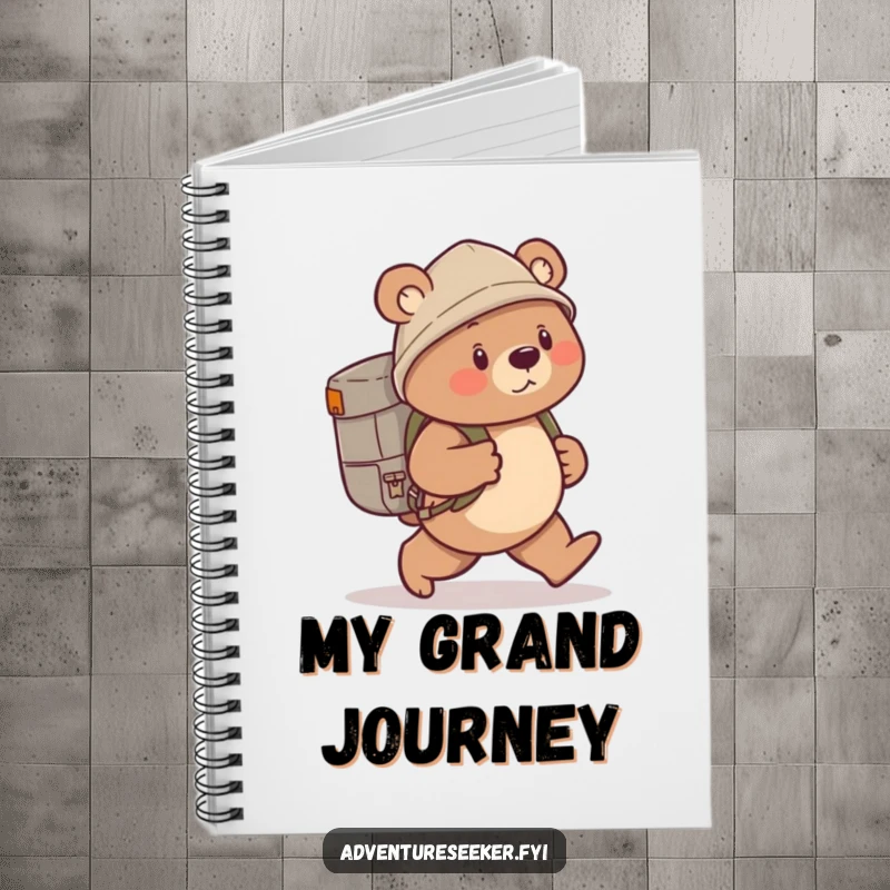 Funny bear explorer notebook with a determined bear and backpack, ready to record exciting adventures and ideas.