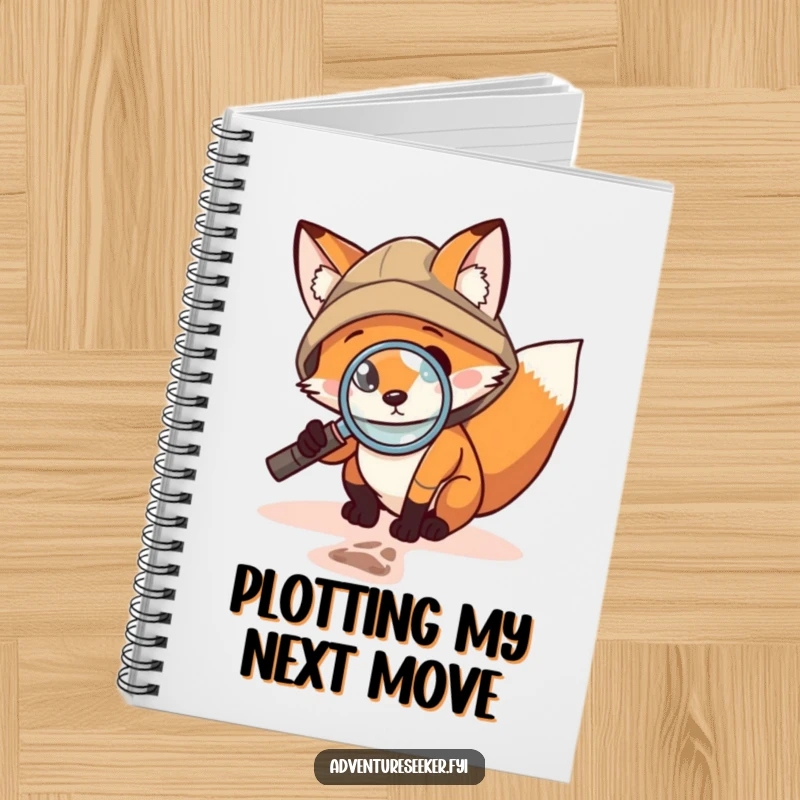 Funny Fox Explorer Notebook: Brave fox with magnifying glass inspecting a tiny footprint, providing a humorous and inspiring cover for notes and deductions.