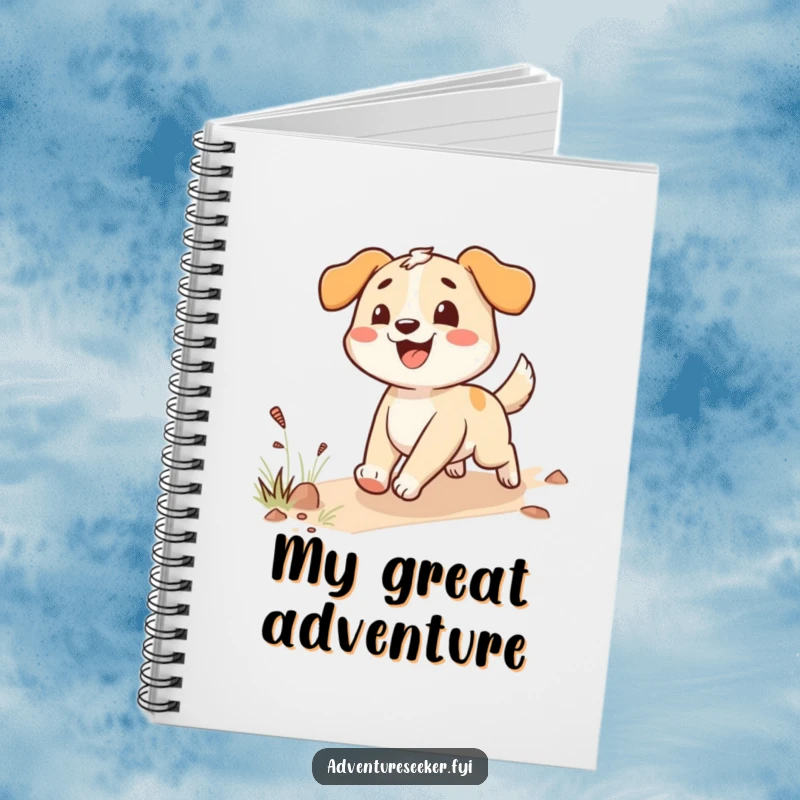Funny happy dog notebook with an enthusiastic character following a trail, ideal for jotting down notes.