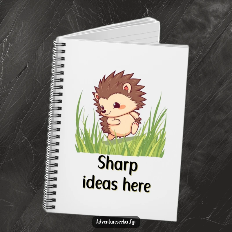 Funny hedgehog notebook depicting a brave character rolling through tall grass with a determined spirit, perfect for jotting down bold ideas.