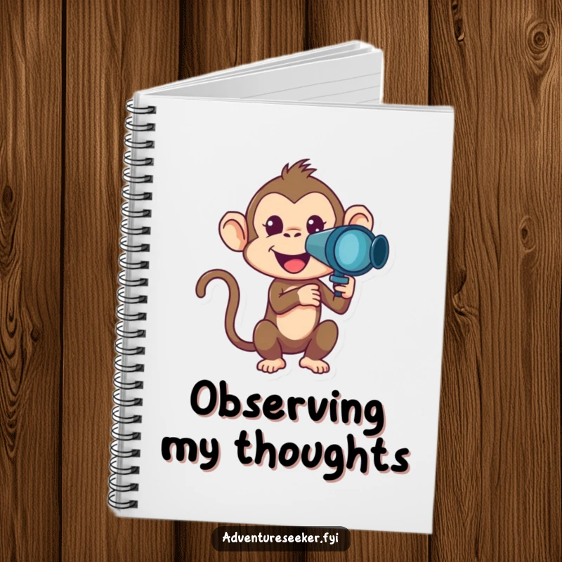 Funny Monkey Notebook with a mischievous monkey character looking through a telescope, ideal for jotting down funny discovery notes.