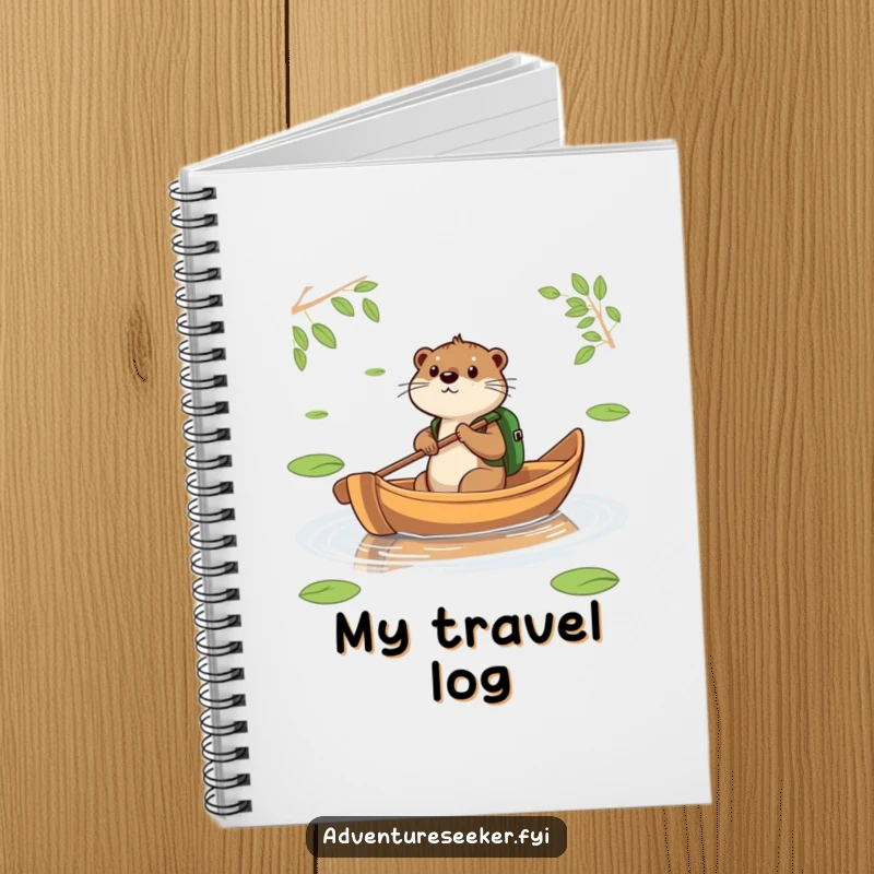 Funny Otter Leaf Boat Notebook. An otter paddling a leaf boat, ideal for documenting travel plans and adventures.