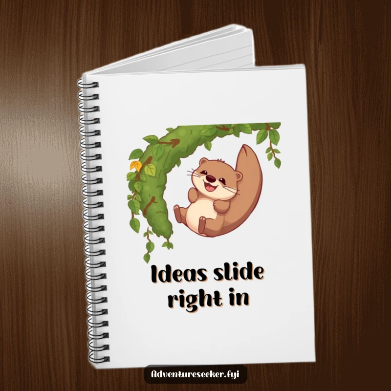 Funny notebook cover showing a giggling otter character sliding down a mossy jungle vine, perfect for capturing funny thoughts.