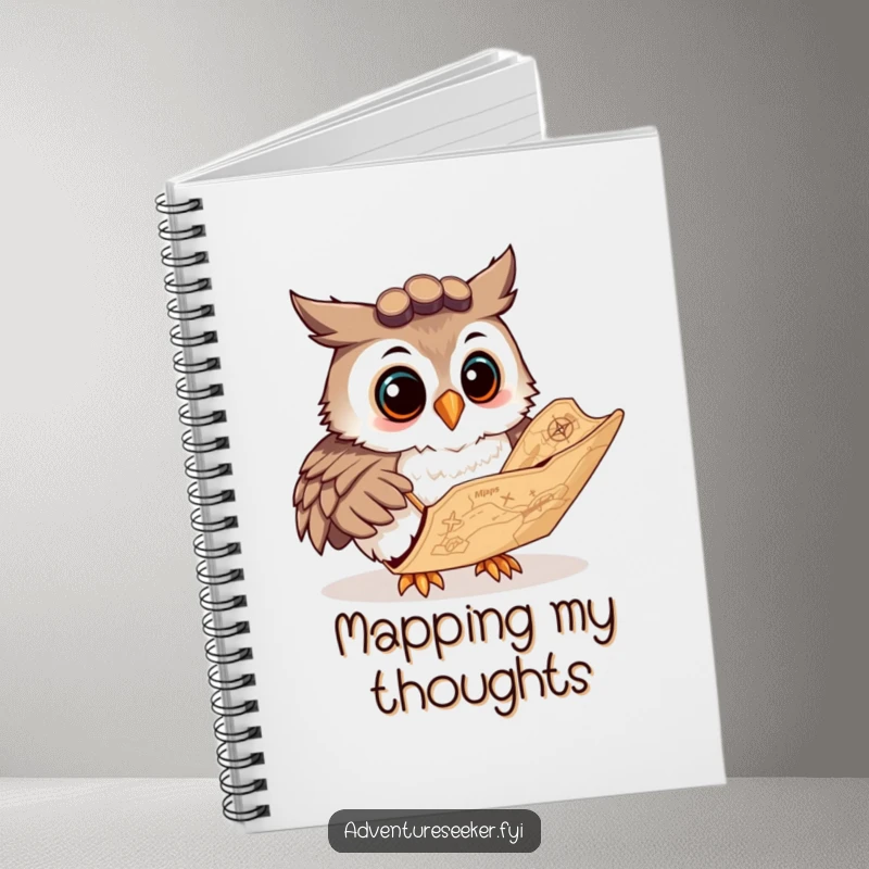 Funny notebook featuring a curious owl navigator character studying a map, ideal for notes and plans.
