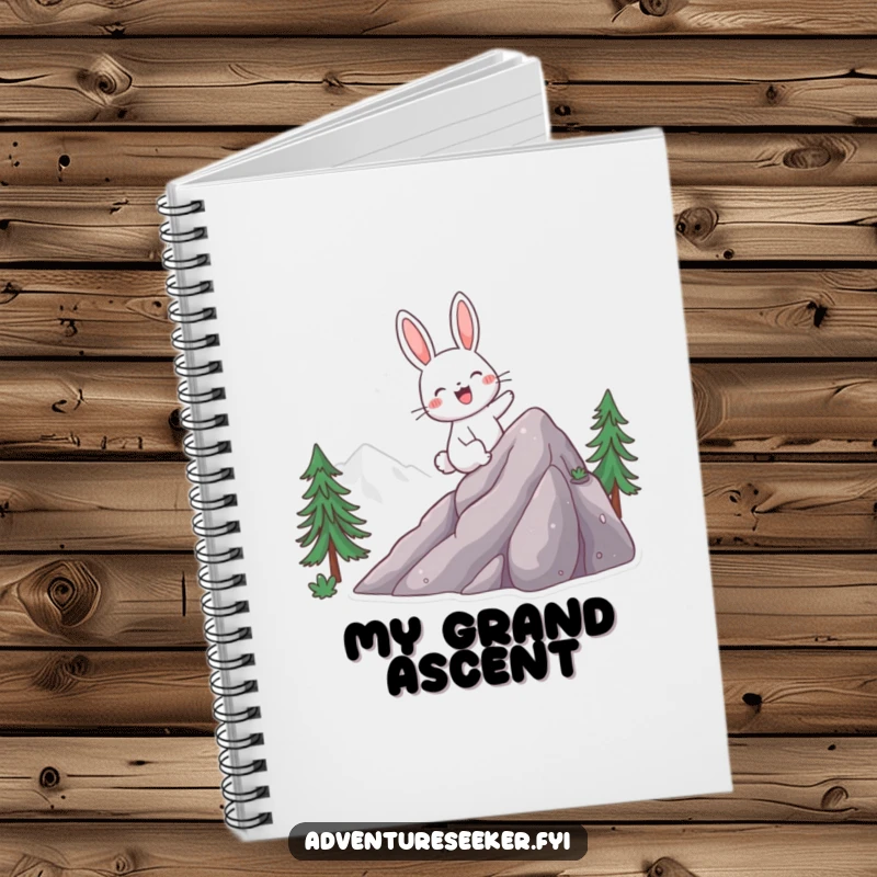 Funny notebook with a giggling rabbit character excitedly climbing a mountain, inspiring goal setting and adventure tracking.