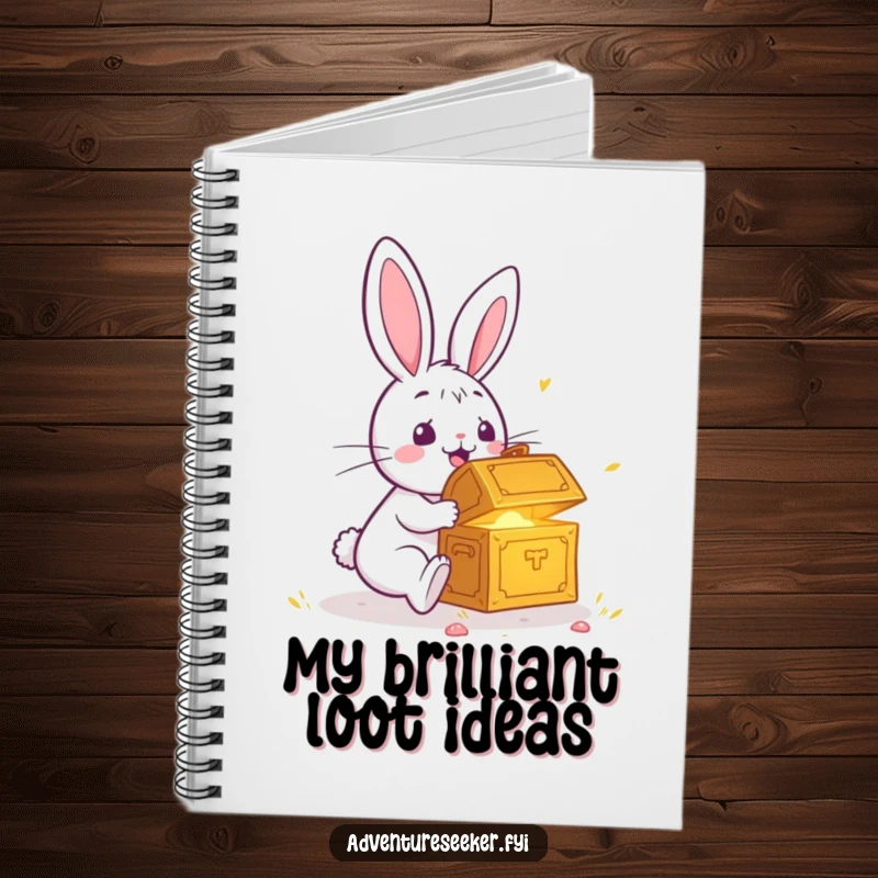 Funny notebook featuring a surprised rabbit discovering a glowing treasure chest, perfect for jotting down exciting thoughts and plans.