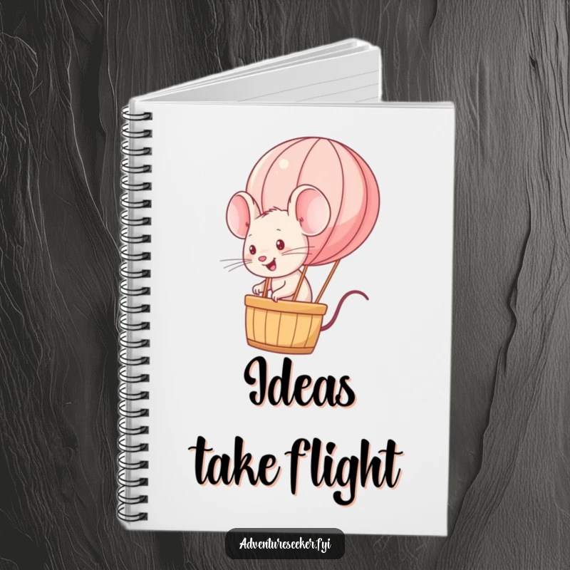 Funny energetic mouse character on a notebook cover, riding a miniature hot air balloon, symbolizing bold notes. A useful funny gift.
