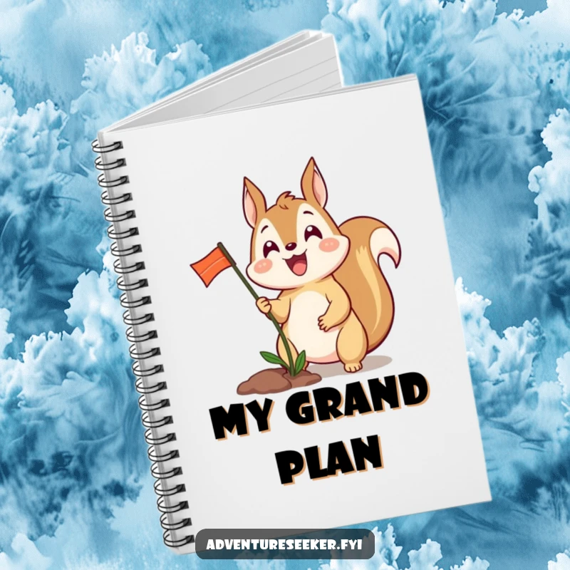 Funny notebook with an excited squirrel character planting a tiny flag, inspiring goal tracking and achievement logging.