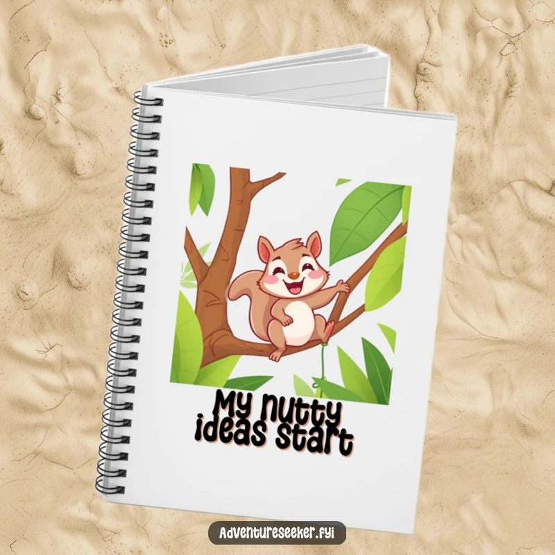 Funny notebook featuring a delighted squirrel grinning as it swings on a jungle vine, perfect for capturing creative thoughts.
