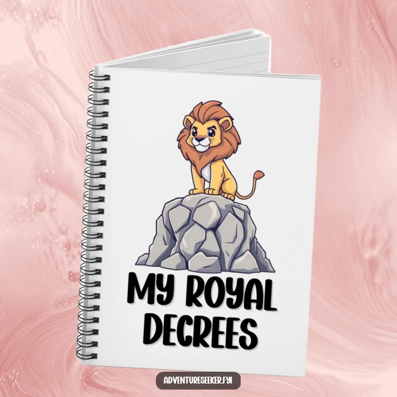 Funny notebook cover featuring a brave lion surveying from a rocky outcrop, perfect for jotting down plans with a touch of majesty, a creative gift.