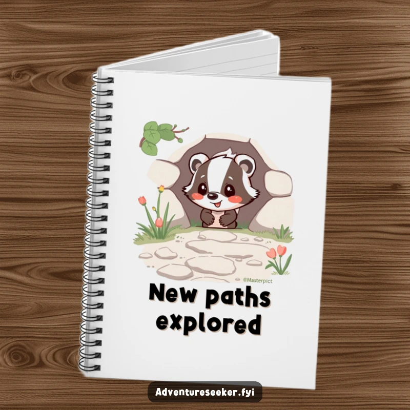 Funny Happy Badger Notebook with a joyful badger character finding a hidden path, ideal for jotting down funny adventure notes.