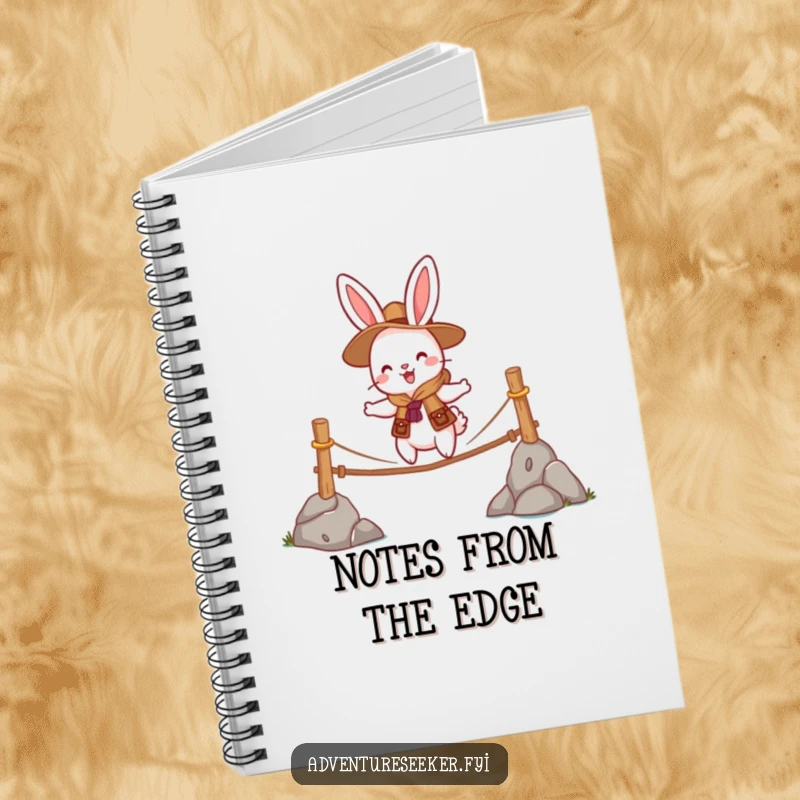 Funny notebook featuring a cheerful rabbit scout character bravely crossing a wobbly rope bridge, ideal for notes.