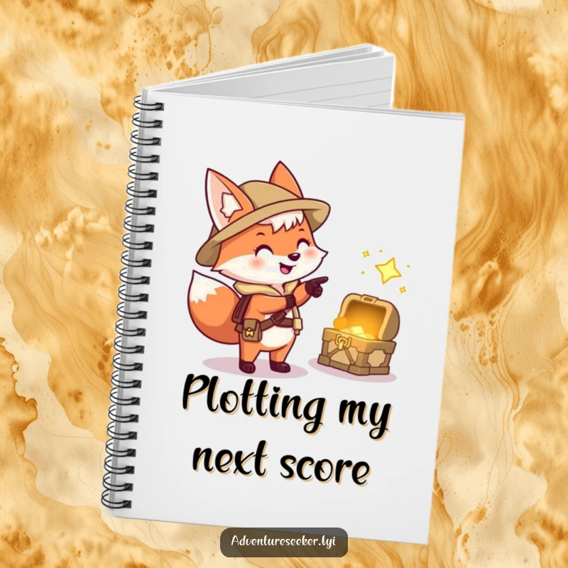 Funny notebook featuring a happy fox explorer character pointing at a treasure chest, perfect for notes and plans.