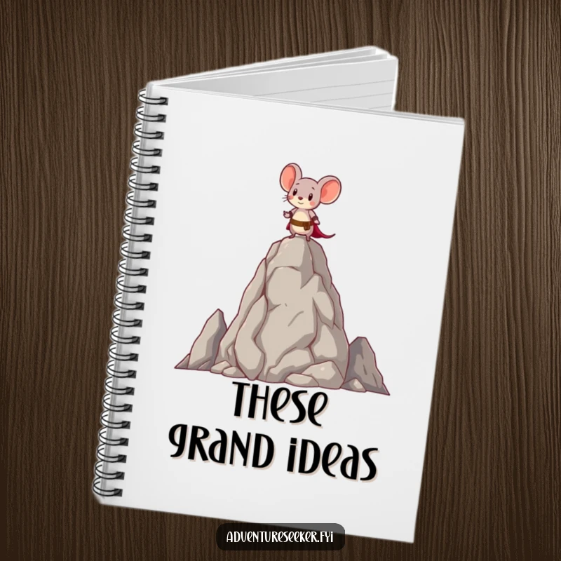 Funny notebook cover with a brave little mouse character standing atop a tall, ancient rock, perfect for jotting down bold ideas.