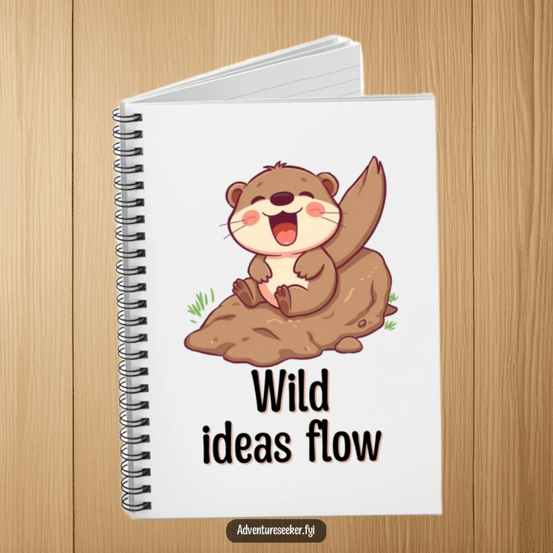 Funny otter notebook depicting a giggling character sliding down a muddy hill with glee, perfect for jotting down fun thoughts.