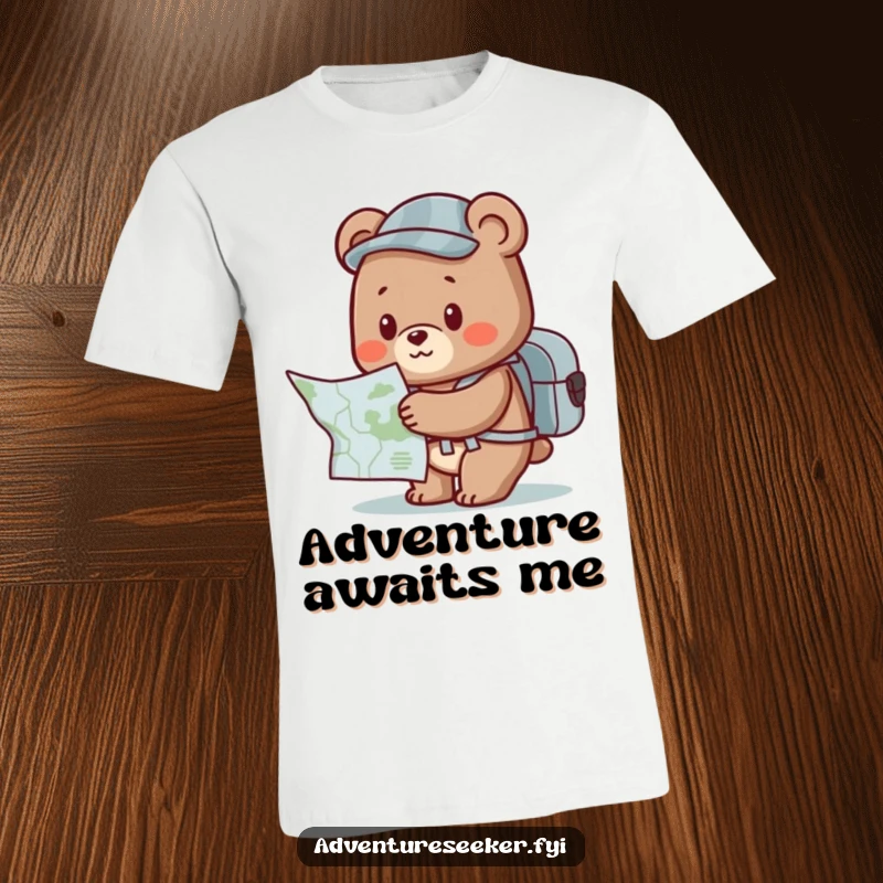 Funny Bear T-Shirt: Cute character wearing a backpack, looking at a map with excitement, ready for a funny adventure.