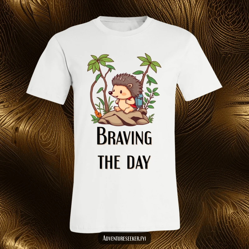 Funny Hedgehog T-Shirt: Brave hedgehog fearlessly navigating a miniature jungle with a backpack, ready for anything.