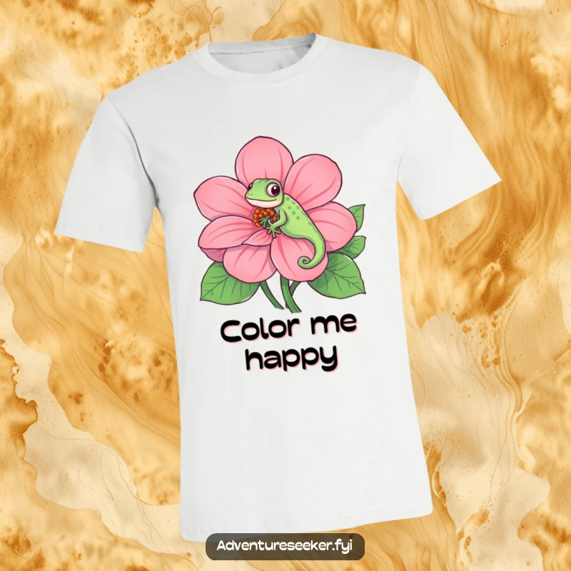 Funny t-shirt with a playful chameleon masterfully hiding on a huge, multi-colored bloom, a vibrant and humorous nature design, gift idea.
