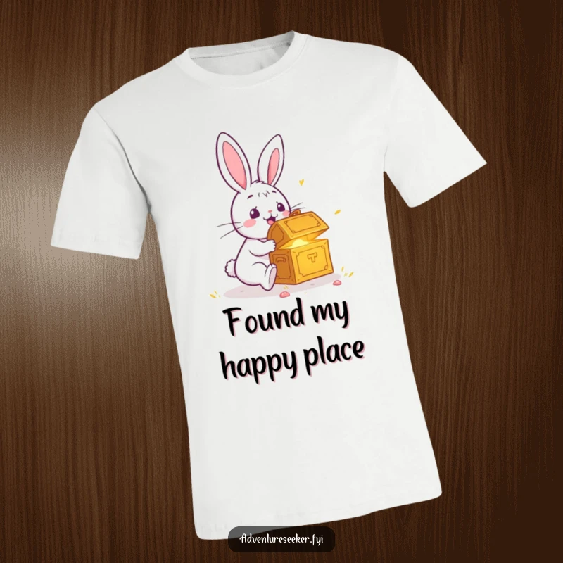 Funny t-shirt featuring a surprised rabbit looking at a glowing treasure chest, representing discovery and a humorous sense of fortune.