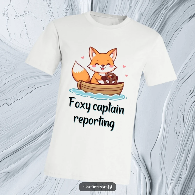 Funny T-shirt showing a cheerful fox character happily steering a small boat, capturing a moment of jaunty maritime fun.