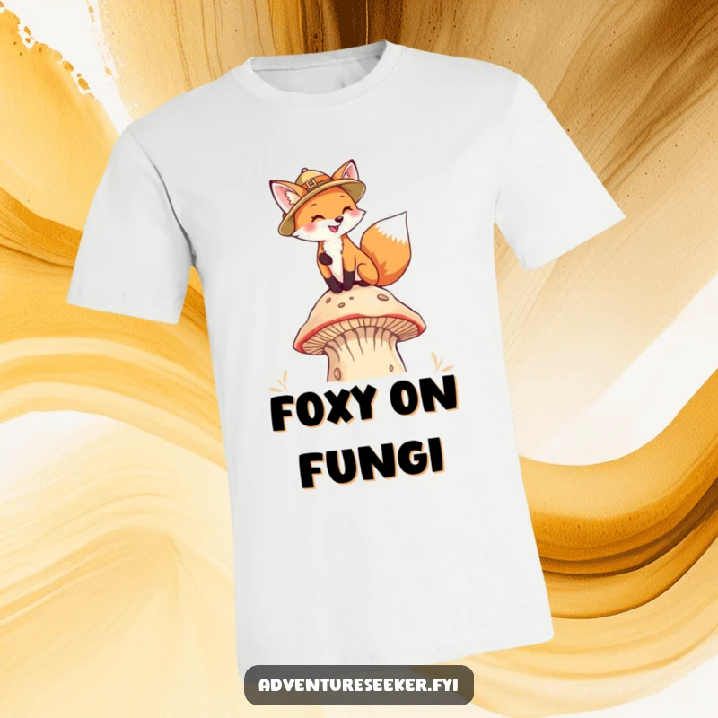 Funny Fox Pith Helmet T-Shirt. A playful fox wearing a pith helmet scales a giant mushroom, embodying fantasy exploration.
